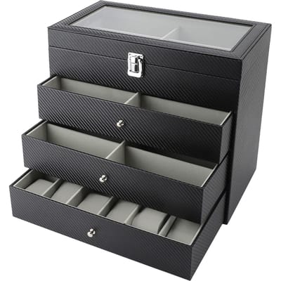 Brillen Display Koffer Carbonvezel Grijze Voering 4 Lagen 27 Sleuven Zonnebril Brillen Opberg Houder Doos black