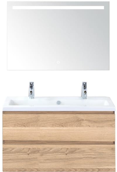 Vogue Badmeubelset 100 cm - Greeplijst in Kleur - Grey Oak - Keramische Wastafel Wit 2 Kraangaten met Sence Spiegel