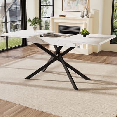 DESMIU Uitschuifbare Eettafel - Modern Kruispootontwerp - Voor Keuken Woonkamer En Eetkamer - MDF En Metaal - Wit Zwart - 120x80x76,5 Cm
