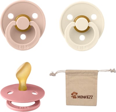 Bibs Dental fopspenen Anatomical 6-18 maanden- Set 3 stuks- Ivory, Blush, Dusty Pink + Monkiezz speenzakje - orthodontisch- Anatomisch- Maat 2