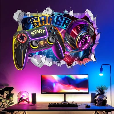 Famanu – Grote 3D Gaming Muurstickers Gamer Controller Video Game Joystick Muurstickers Gaming Kamer Accessoires Tieners Jongens Slaapkamer Speelkamer Muurdecoratie