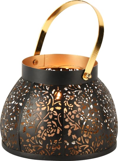 Dekoratief | Lantaarn 'Romantic Roses', zwart/goud, metaal, 16x16x12cm | A248070