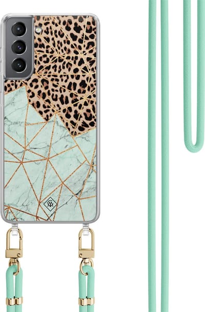 Casimoda® hoesje met koord - Geschikt voor Samsung S21 - Luipaard Marmer Mint - Afneembaar koord - TPU/polycarbonaat - Mint