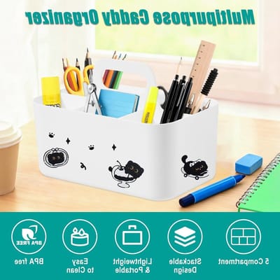 Opbergmand met 5 Compartimenten en 3 Kattenstickers, Organizer voor Badkamer, Keuken en Kantoor (Blauw, 25 × 15,4 × 17 cm)