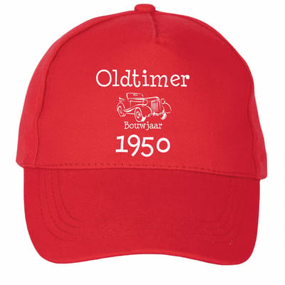 Mijncadeautje - 5 panel - Cap - Verstelbaar - Pet van 100% dik geborsteld katoen- unisex - opdruk wit - Oldtimer 1950 - rood