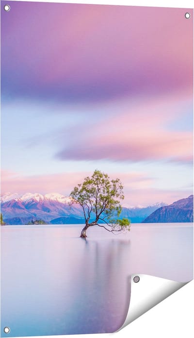 Gards Tuinposter Wanaka Boom in het Water bij Zonsopgang - 60x90 cm - Tuindoek - Tuindecoratie - Wanddecoratie buiten - Tuinschilderij