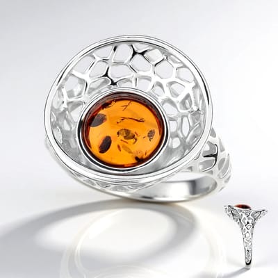 Cavill - Zilveren ring met 0.6ct cognac Baltische barnsteen - 925 Sterling zilver gerhodineerd - Modern elegant dames sieraad