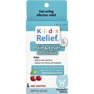 Homeolab USA, Kids Relief, vloeibare koortsverlagende pijnstiller, voor kinderen van 0 tot 12 jaar, kersensmaak, 25 ml (0,85 fl oz)