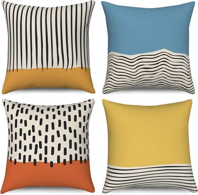 Boho kussenslopen 50 x 50 cm, set van 4, midden eeuw, abstracte moderne geometrische decoratieve kussenhoezen blauw geel verbrand oranje linnen kussenslopen voor sofa, bank, outdoor home decor
