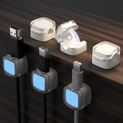 Set van 6 Magnetische Kabelclips - Oplaadkabel Organiser voor Bureau, Thuis en Donker Glimlicht, Zelfklevend (Wit, ABS)
