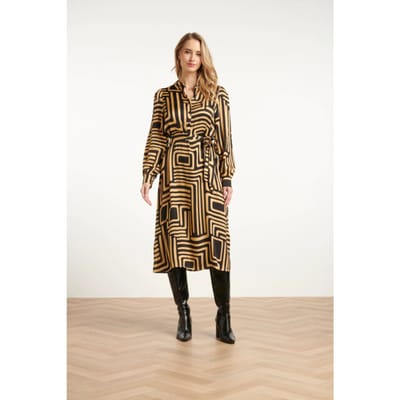 Smashed Lemon Zwart en goud grafische geprint midi jurk met kraag |