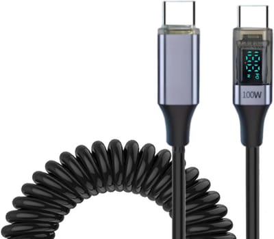 De Beste Gadgets 100W Oprolbare USB-C naar USB-C Snellaadkabel met Display – USB Oplaadkabel - Verstelbare Type-C Kabel voor Laptop, Smartphone & Tablet – Compact & Universeel