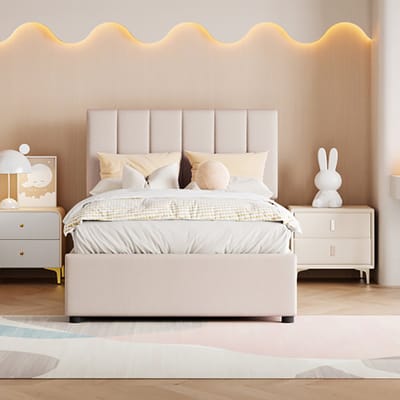 KOMHTOM Kinderbed gestoffeerd bed 90x200 cm opbergbed huidvriendelijk linnen hoogslaper beige