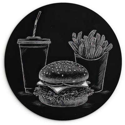 WallCircle® Wandcirkel 120x120 cm - Muurcirkel Hamburger - Friet - Frisdrank - Krijttekening - Muurdecoratie woonkamer - Wanddecoratie slaapkamer - Kamer decoratie accessoires - Ronde schilderijen XXL