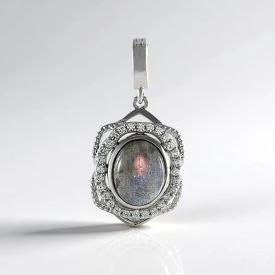 Cavill - 925 Sterling Zilver Geplatineerd Hanger - Roze Minary Labradoriet 2,685 ct Ovaal - 28 Cambodjaanse Zirkon 0,416 ct