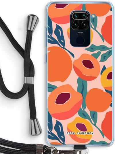 Case Company® - Hoesje met koord geschikt voor Xiaomi Redmi Note 9 hoesje met Koord - Perzik - Telefoonhoesje met Zwart Koord - Bescherming aan alle Kanten en Over de Schermrand