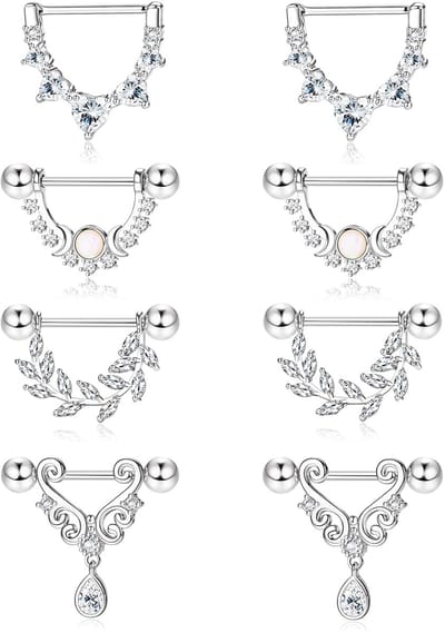 Dailygoods- Tepelpiercing 4 Paar - 14G Ringen - 316L Roestvrij Staal - Hart/Maan/Ster/Blad - Glanzende Kubische Zirkonia - Leuke Designs - Tepelringen