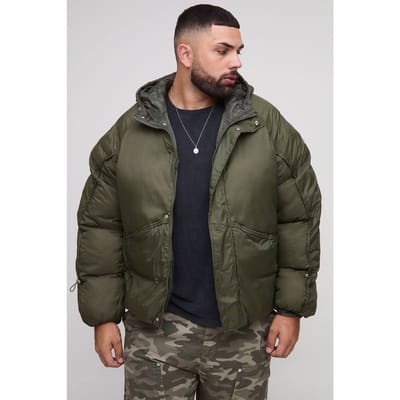 Plus Oversized Fit Ruched Sleeve Panelled Puffer Jacket | Khaki | Size 2XL