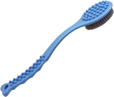 Famanu – Doucheborstel voor exfoliëren en masseren van de huid, lange handgreep, geschikt voor droge huid, 36 cm, blauw