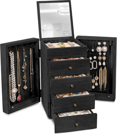Ruime 5-Laagse Juwelendoos met Spiegel en 4 Lades - Houten Sieraden Organizer zwart