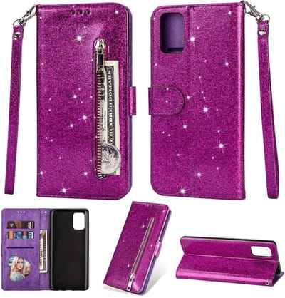 Bookcase Geschikt voor: Samsung Galaxy M31S Glitter met rits - hoesje - portemonnee hoesje - Paars