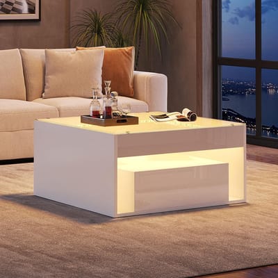 BLACKCOLORS 70 x 70 x 35 cm Salontafel, bijzettafel met 2 lades, salontafel, glanzende salontafel, salontafel met opengewerkt design, bureau en eettafel van gehard glas met LED, wit