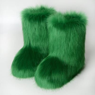 Dames Faux Fur Laarzen Winter Pluizige Pluche Warme Middenkuit Sneeuwlaarzen Luxe Mode Furry Laarzen Comfortabele Outdoor Platte Schoenen 36 groen