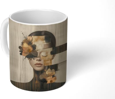 Mok - Koffiemok - Gezicht - Bloemen - Zwart - Vrouw - Mokken - 350 ML - Beker - Koffiemokken - Theemok