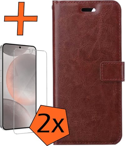 Hoes - Met 2x Screenprotector - Geschikt voor Samsung Galaxy S24 - Luxe Pasjeshouder - Bookcase Portemonee - Flip Case - Kunstleer Book Case - Flipcase Hoes - Book Cover - Walletcase - PortemonneeHoes - Bruin