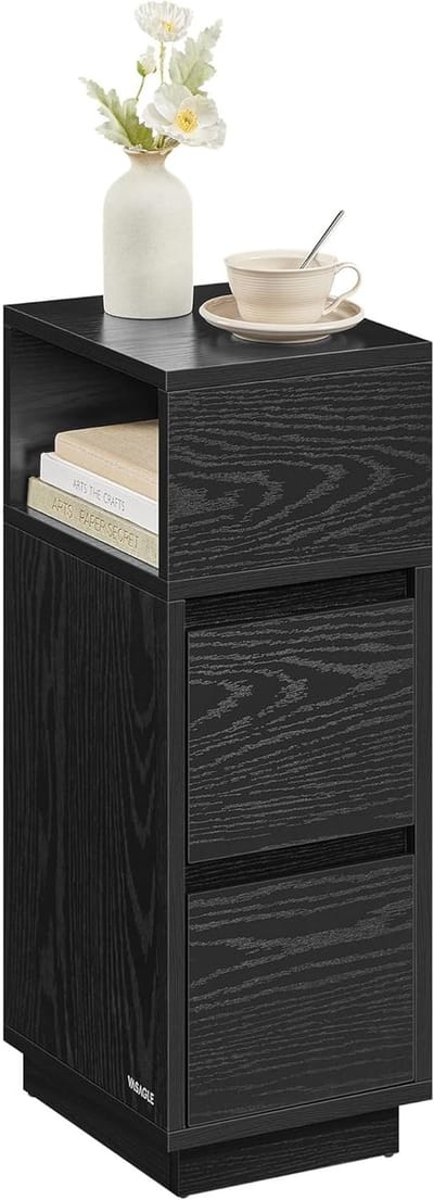 Furnstar - Nachtkastje - Smal - Bijzettafel met 2 laden - Open vak links of rechts monteerbaar - Voor slaapkamer en woonkamer - Ebbenzwart