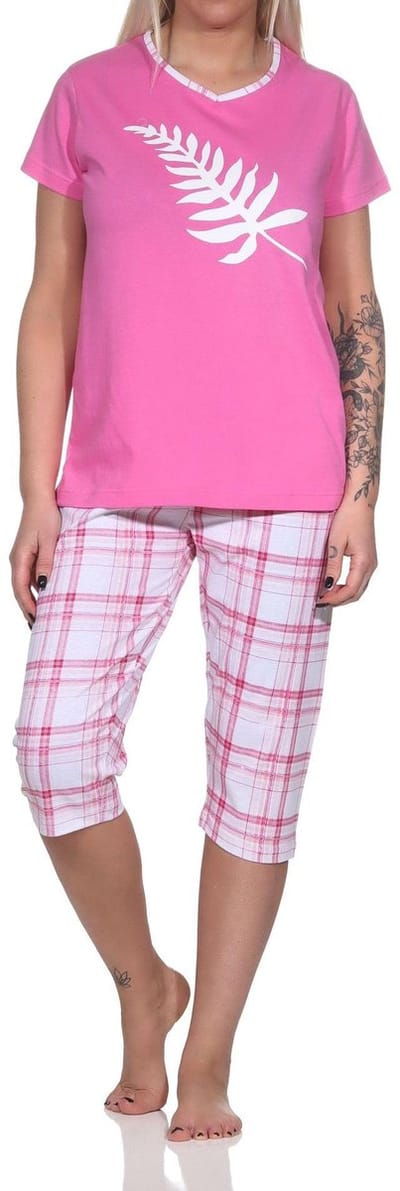 Elegante capri-damespyjama met geruite ¾ broek en print op de voorkant
