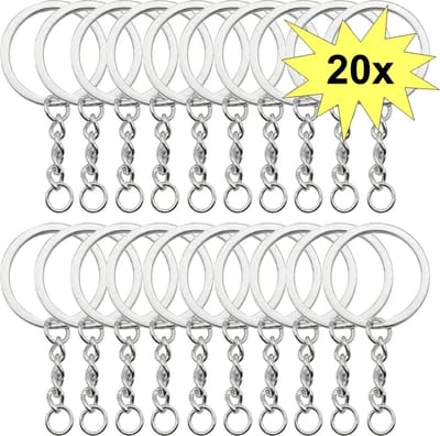 Fako Bijoux - Sleutelringen Met Ketting - Sleutelhanger Ringen - Splitringen Met Ketting - RVS - Plat - 25 mm - 20 Stuks