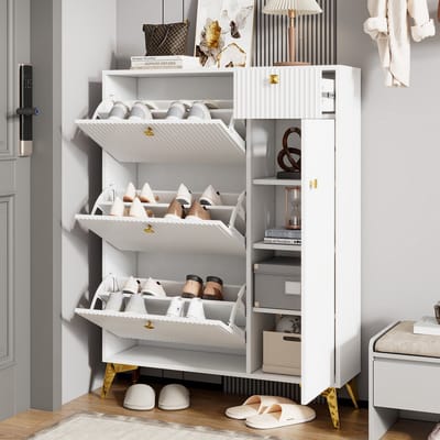 Schoenenkast met 3 kleppen, lade en deur - 90x25x121 cm wit - Golvend frontdesign en metalen grepen - Multifunctionele opbergruimte voor schoenen en accessoires - Smal, slechts 25 cm diep, ideaal voor hal en gang