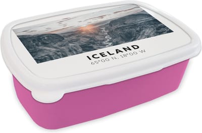 Broodtrommel Roze - Lunchbox - Brooddoos - IJsland - Rivier - Bergen - 18x12x6 cm - Kinderen - Meisje