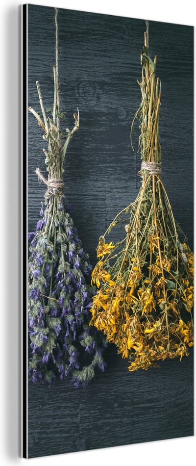 Aluminium schilderij 80x160 cm - Wanddecoratie metaal - Droogbloemen - Bloemen - Boeket - Stilleven - Touw - Bundel - Metalen muurdecoratie woonkamer - Decoratie industrieel - Foto op dibond - Industriële accessoires slaapkamer