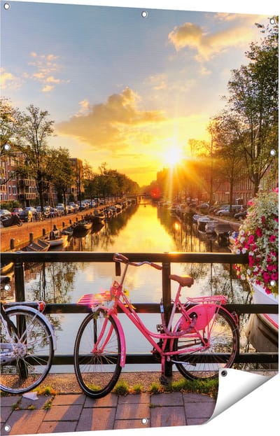 Gards Tuinposter Amsterdamse Brug met Zonsopgang - 90x120 cm - Tuindoek - Tuindecoratie - Wanddecoratie buiten - Tuinschilderij