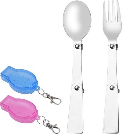 2-delige opvouwbare roestvrijstalen lepel en vorkset, inclusief 2 hoesjes, draagbaar campingbestek voor buiten, picknick, thermoskan reizen
