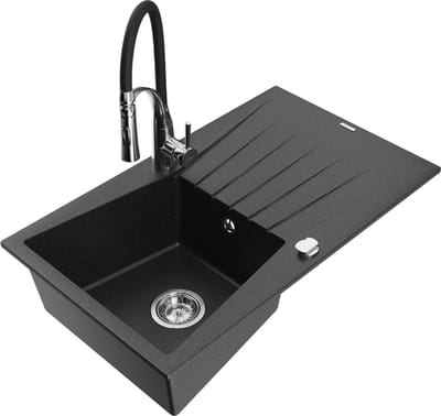 Mexen Cesar granieten gootsteen 1-komor met afdruiprek en keukenmengkraan Aster, zwart/zilveren metallic - 6514-73-73450-07