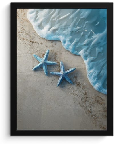 Poster in lijst - Fotolijst 30x40 cm - Posters - Zeesterren - Zand - Zee - Blauw - Posterlijst zwart - Decoratie - Wanddecoratie woonkamer - Muurdecoratie slaapkamer