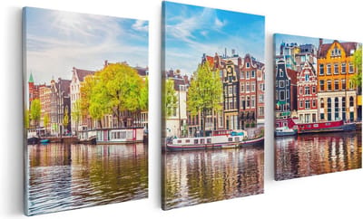 Artaza Canvas Schilderij Drieluik Amsterdamse Huisjes Aan Het Water - 120x60 - Foto Op Canvas - Canvas Print