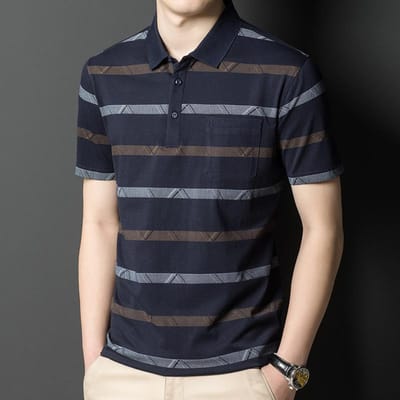 Kortmouwig Poloshirt voor Heren Zomer Nieuw Revers Gestreept Zakelijk Casual Dun Middenleeftijd Papa Kleding XL black