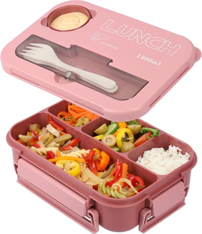 Mooie Lunchbox 1300ml - BPA vrij - Bentobox - Ook te gebruiken als Broodtrommel - Roze - Met Bestek en Sausbakje