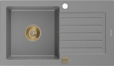Mexen Pablo granieten spoelbak met 1 bak en afdruiprek 752 x 436 , grijs, gouden sifon - 6510751010-71-G