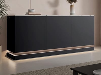 Vente-unique Buffetkast met 3 deuren en ledverlichting van mdf - Zwart met wit marmereffect - DEVIKA