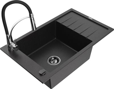 Mexen Elias granieten gootsteen 1-komers met afdruiprek en keukenmengkraan Aster, zwart/zilver metallic - 6511-73-73450-07-B
