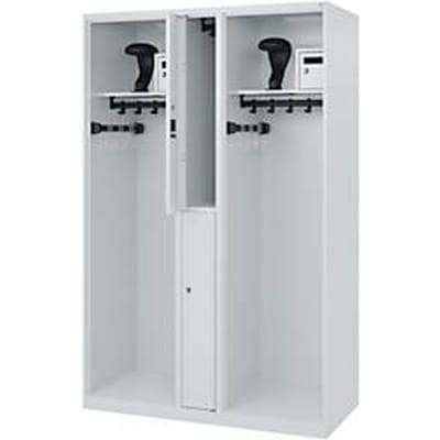 Brandweerkluis C+P Evolo Maxi, 4 vakken voor 2 personen, met helmhouder, vloerglijders, B 1200 x D 500 x H 1850 mm, RAL 7035 lichtgrijs