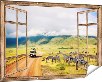 Gards Tuinposter Doorkijk Safari Auto tussen de Zebra's - 150x100 cm - Tuindoek - Tuindecoratie - Wanddecoratie buiten - Tuinschilderij