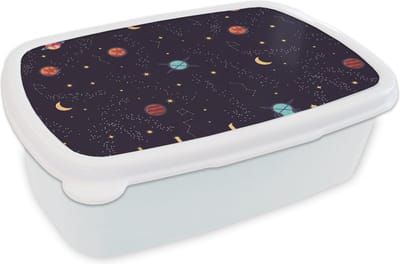 Broodtrommel Wit - Lunchbox - Brooddoos - Planeten - Sterren - Patronen - 18x12x6 cm - Volwassenen