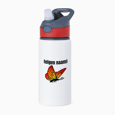 Hacebo® - oranje vlinder met eigen naam waterfles met rietje rood - Vlinder - dieren liefhebber - iemand die houdt van vlinders - verjaardag - cadeau - kado - geschenk - water fles - 650ML