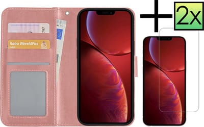 Hoesje - Met 2x Screenprotector - Geschikt voor Apple iPhone 14 - Luxe Pasjeshouder - Bookcase Portemonee - Flip Case - Kunstleer Book Case - Flipcase Hoes - Book Cover - Walletcase - Portemonneehoes - Rosé goud
